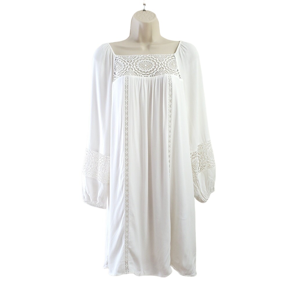 S Joie Square Neck White Peasant Dress Crochet Lace Trim Long Sleeve Mini Short